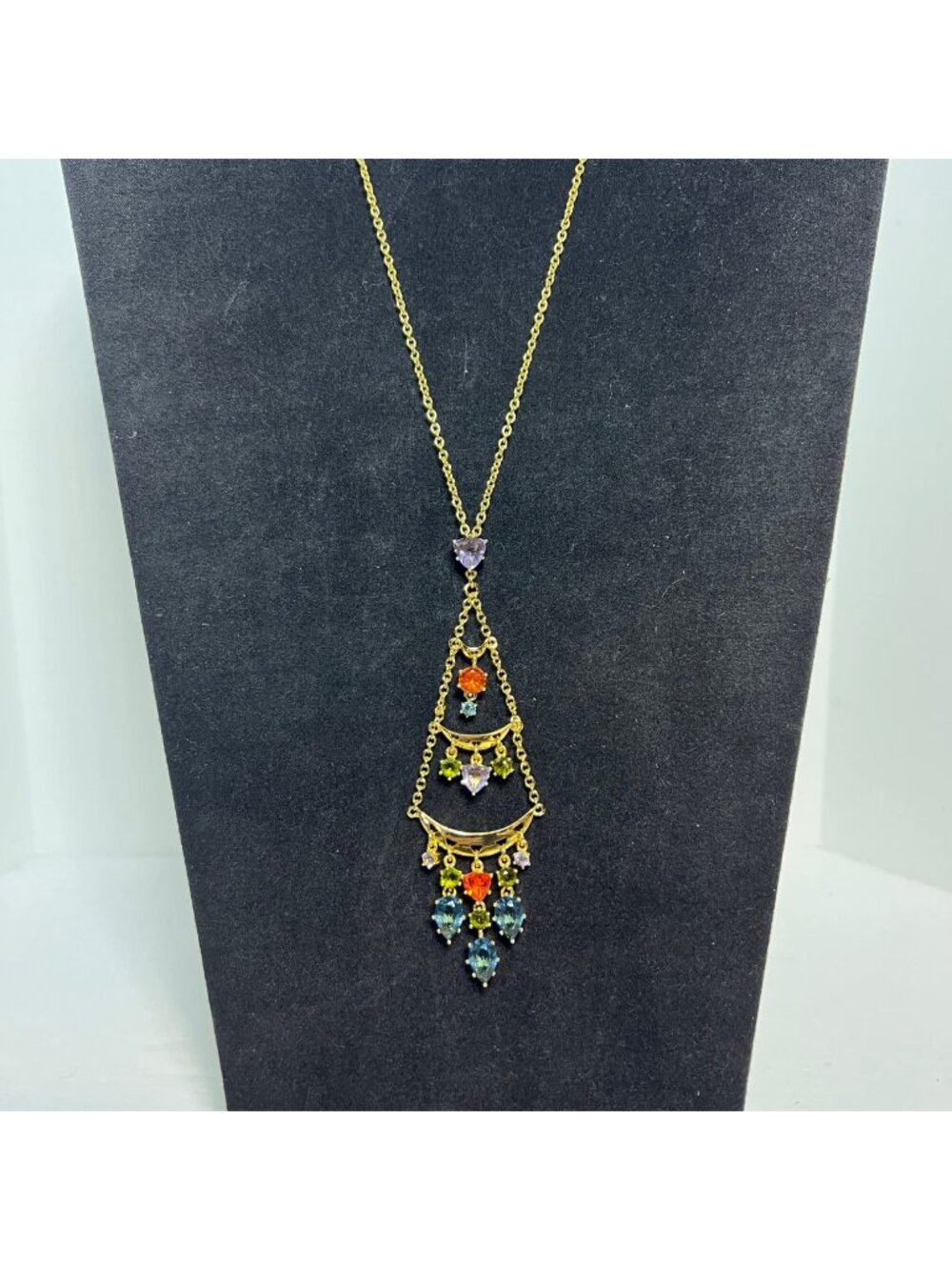 Gold Tone Cable Chain Necklace With Multi Colored Rhinestone Pendant (6383)